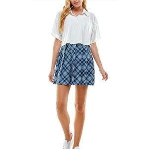 Kingston Grey Juniors Two-Piece Printed-Pleated Skirt Dress White Blue Small